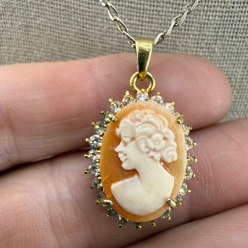 Vintage Cameo Necklace Sterling Silver Rhinestone 18"